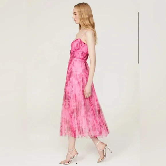 ML Monique Lhuillier Pleated Printed Tulle Midi Dress Women Size 8 - Picture 2 of 14